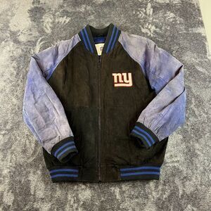 Vtg New York Giants NFL Suede Leather Bomber Jacket Lined Colorblock Men's L*